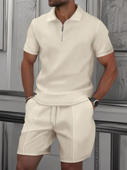 Men's Summer Waffle Short-Sleeve Suit Shorts Zip-Up Lapel Solid Color Two Sets Europe And US Style 2026