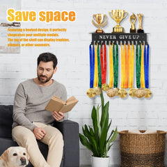 Medal Hanger Display Rack Wall Mount Metal Trophy Rack Ribbons Medals Display Hanger with Inspirational Words for Soccer Race