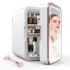 Bedroom skincare mini fridge showcasing skincare products, compact design, and mirror for easy use | H.E.A.L Hair Care
