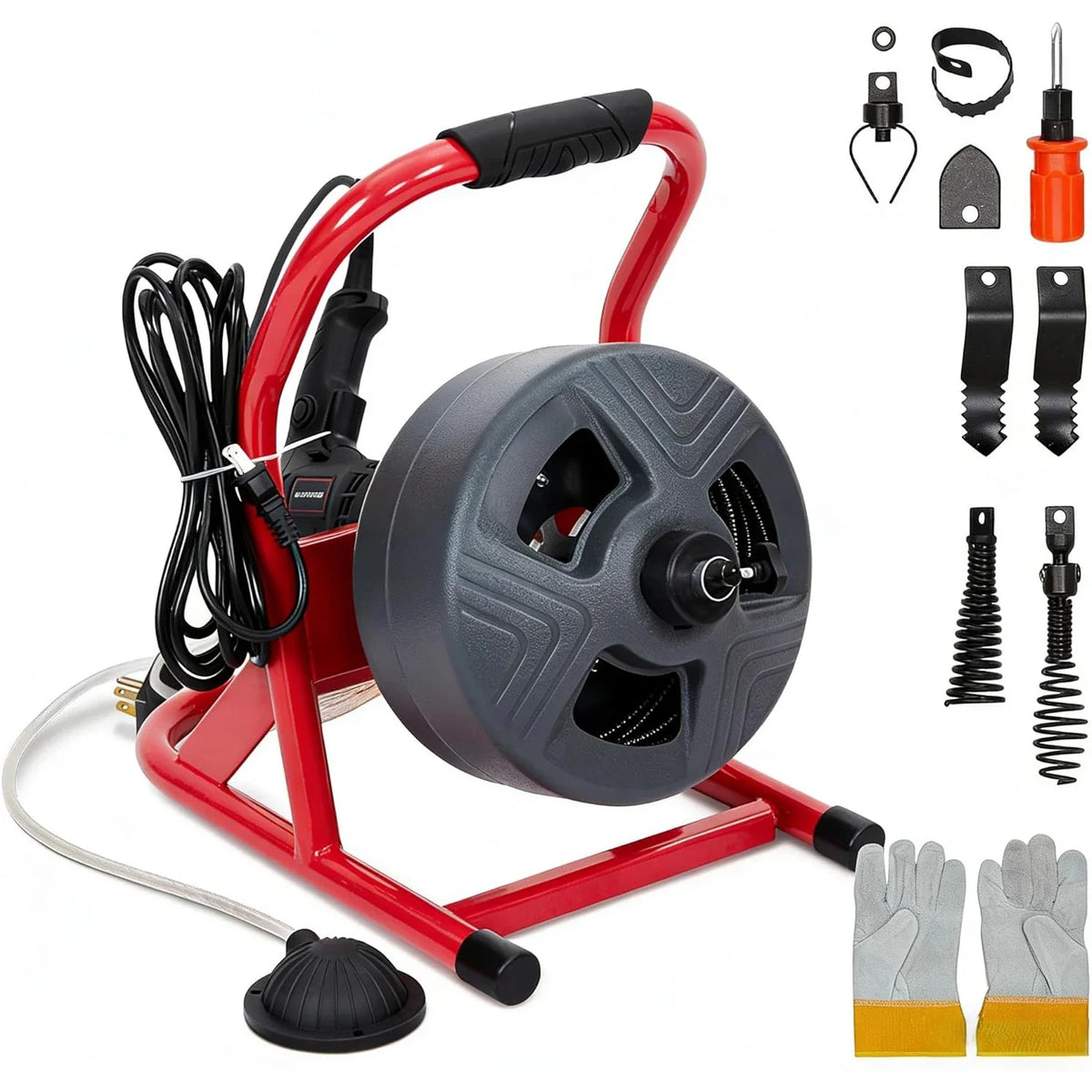 50Ft x 5/16 Inch Electric Drain Auger Cleaner Sewer Snake Machine Foot Switch with 6 Cutters,Glove for 3/4 to 3 Inch Pipes