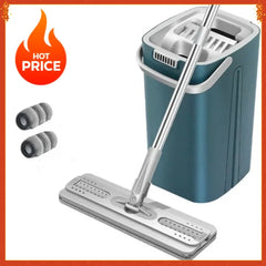 Hands-free Flat Floor Mop Bucket - Microfiber Magic Cleaning Tool with Squeegee Scalable Wet Dry Use for Home Kitchen Household