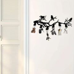 1pc Bohemian Black Metal Bird on Branch Wall Hook - Heavy-Duty Hot Iron Key Holder with Bird Silhouettes (Crows/Sparrows)