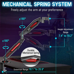 Adjustable Gaming Monitor Arm with Mechanical Spring, C Clamp & Grommet Base for Screens up to 32", VESA Compatible