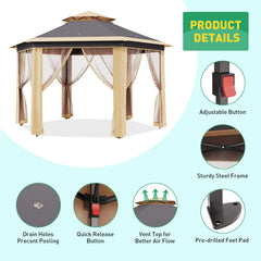 13x13 FT Pop Up Gazebo Outdoor Canopy Tent With Mosquito Netting Double Roof Heavy Duty Shelter For Patio Backyard Garden