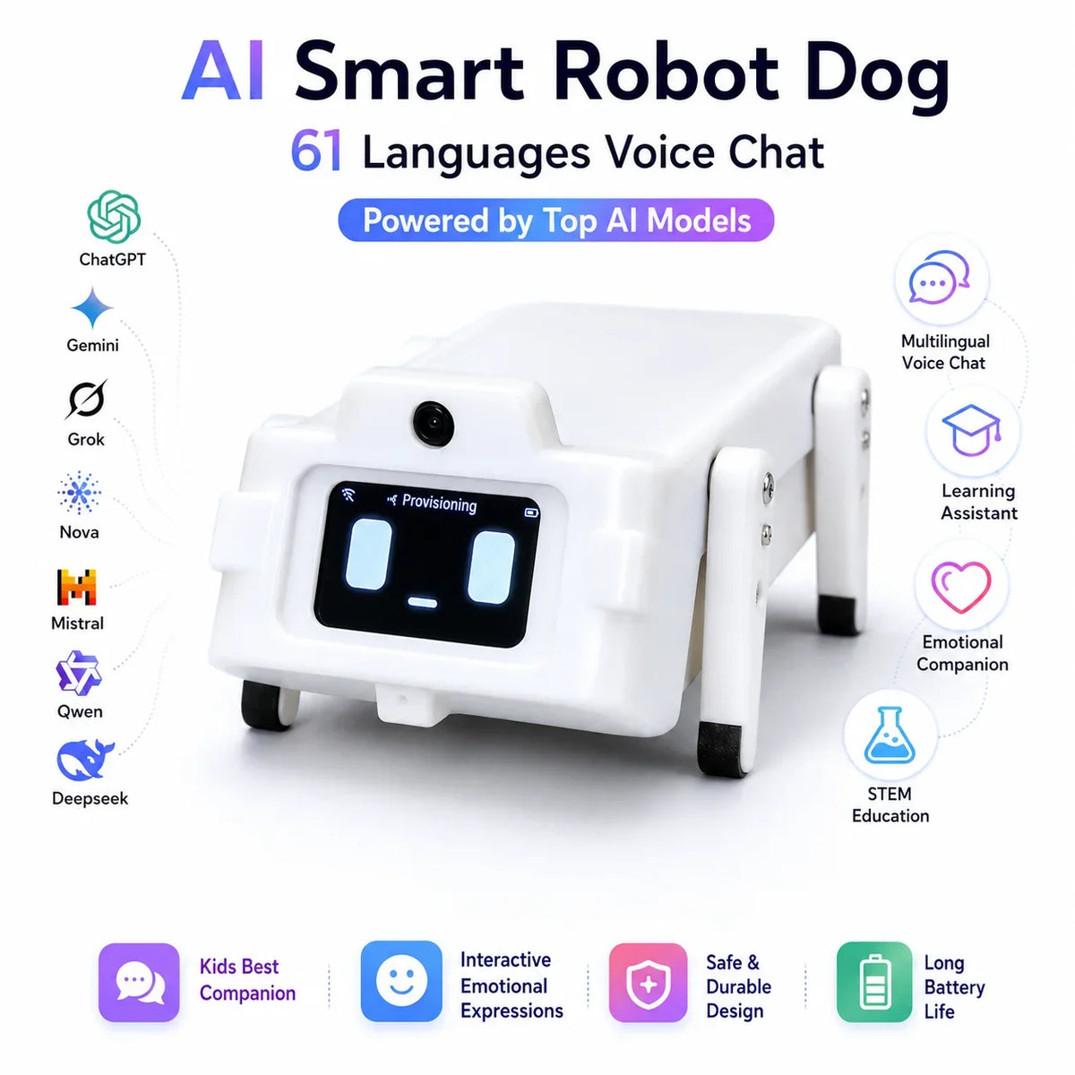 CLOUDRAKER Tuya Smart AI Robot Dog, 61+ Languages, 12+ Actions & Emojis, Voice Interactive Educational Toy for Kids