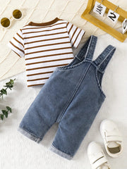 Two-Piece Set for Baby Boys: Casual and Versatile Style for Spring and Summer, Featuring a Striped Round-Neck Short-Sleeve Top and Stylish Pocket Overalls