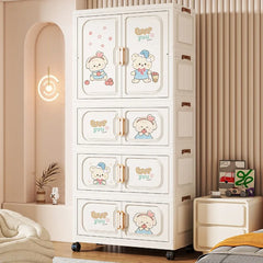 Cartoon Kids Wardrobe Foldable Plastic Clothes Storage Cabinet Nursery Organizer Space Saving Baby Closet Wardrobe White