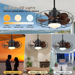 Industrial Style Ceiling Fan with Light and Remote Control Black Round Cage Outdoor Waterproof Fan with Hook for Patios Porch