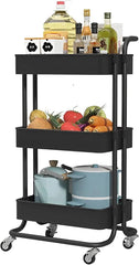 Sooyee 3 Tier Utility Cart,Rolling Cart with Handle and Lockable Wheels, Multi-Functional Storage Cart for Kitchen, Bathroom