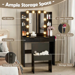 Makeup Vanity Desk with 10 Bulbs, Fluted Dressing Table with Charging Station, 2 Drawers and 4 Open