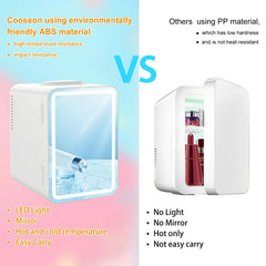 Comparison image of portable mini makeup refrigerator features and benefits, showing eco-friendly materials and usability.