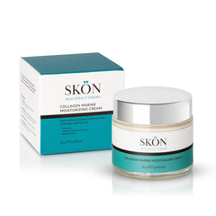 collagen marine moisturizer in a glass jar next to its packaging