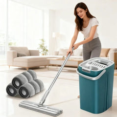 Hands-free Flat Floor Mop Bucket - Microfiber Magic Cleaning Tool with Squeegee Scalable Wet Dry Use for Home Kitchen Household