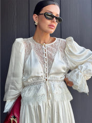 Deep V-Neck Lace Trim Cutout Waist Maxi Dress Elbow-Sleeve Lace Trim Chiffon 2026 Summer Elegant Women Vacation Boho Outfit