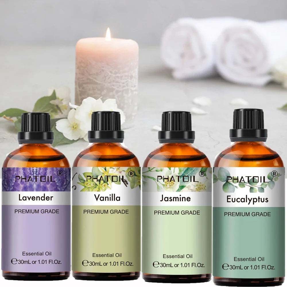 PHATOIL 30 ml de aceites esenciales de lavanda, menta piperita, vainilla y árbol de té para aromaterapia y elaboración de velas, aceites aromáticos naturales de eucalipto