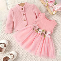 MISOWMNJOY Baby Girl Fall Outfit Spring Fall Long Sleeve Cardigan Coat Flower Embroidery Tulle Tank Dress Toddler 2 Piece Set