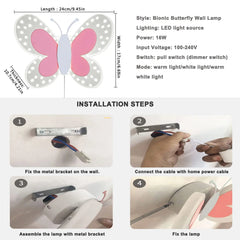 Creativity Butterfly Children's Room Wall Lamp Pink Pull Switch Wall Sconces Indoor Bedside Room Aisle Decorative Lights