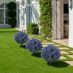 2PCS Artificial Bushes Oak Violet Ball Topiary with Peak Soil UV Resistant Ornamental Plants for Garden Terrace Balcony Decor