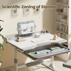 Functional Desk and Chair Set, Height Adjustable Study Desk with Tilt Desktop, Bookstand, Storage Drawer