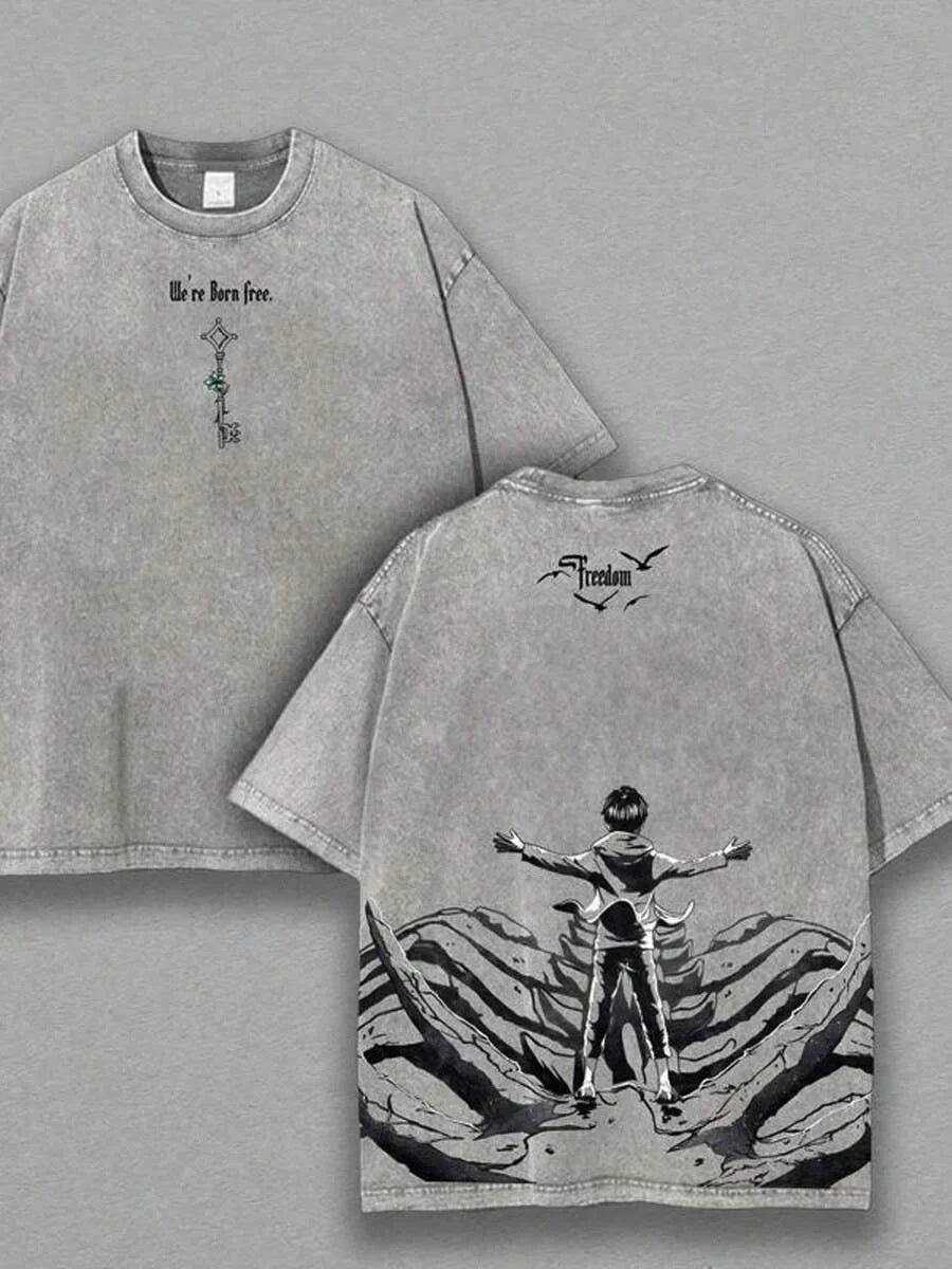 Eren Jaeger Freedom Graphic Tee Attack On Titan Manga Clothing Men Women Cotton T-shirts Retro Washed Tshirt Harajuku T Shirt