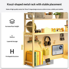 Iron Desktop Pegboard Bookshelf Multi Tier Desk Organizer Storage Shelf Student Computer Workstation Tidy Rack Cabinet Furniture
