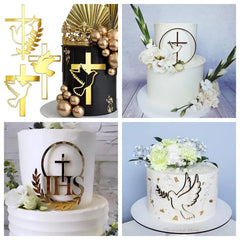 Ins Cross Christ Birthday Cake Topper Gold Acrylic Dove Cross for Eucharist Baby Baptism Party Cake Toppers Dessert Decoration