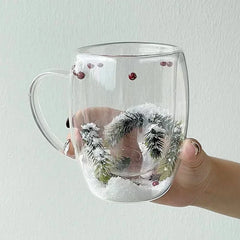 200/350ML Christmas Mug Double Wall Glass Cup Snow Scene Coffee Cup Heat Resistant Juice Milk Glass Water Cup ‌Christmas Gift