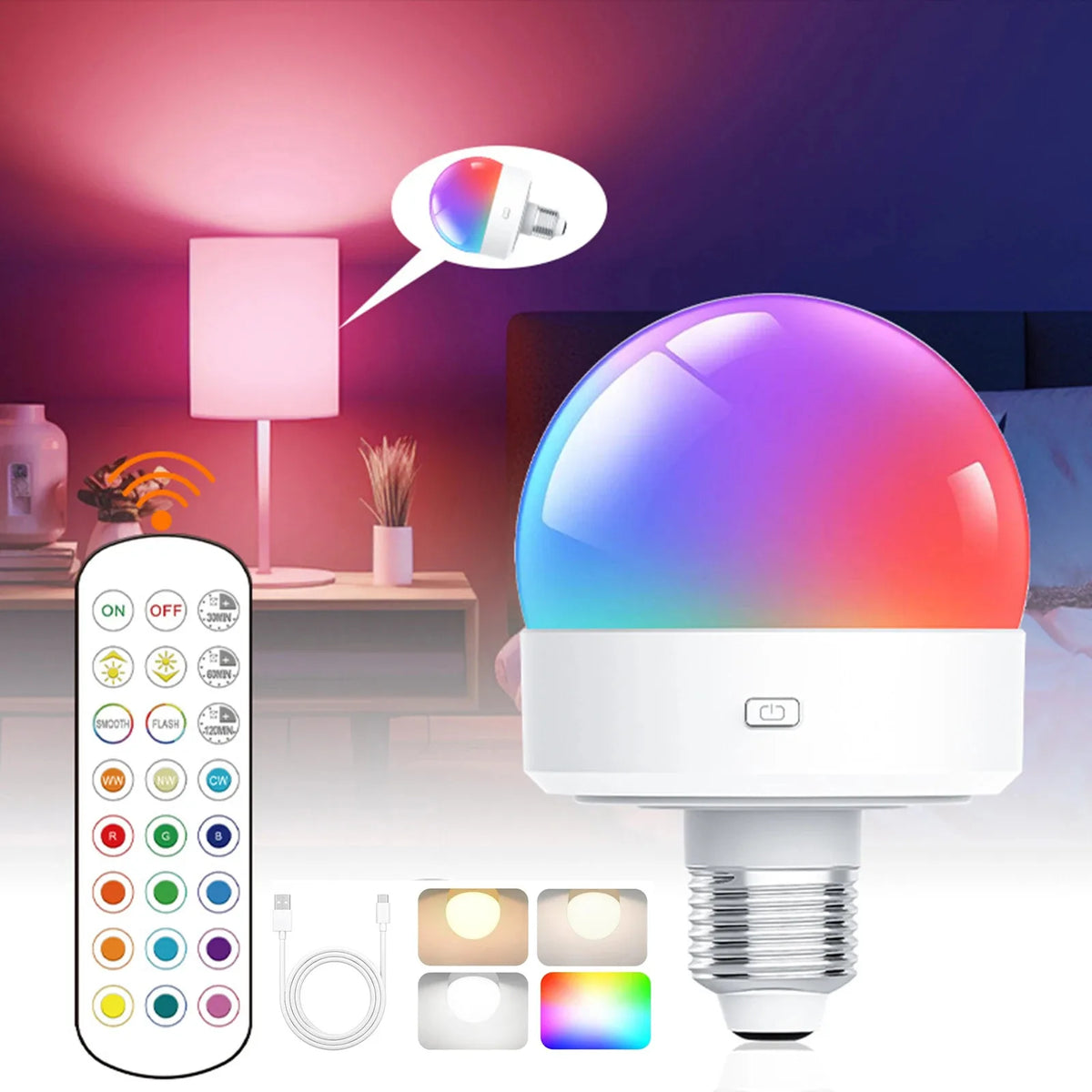 LED Night Light Rechargeable Light Bulbs 5V USB E27/E26 LED Lamp RGB Led Bulb Night Lights Remote Control Lighting Home Decor