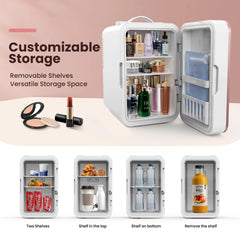 Customizable storage of bedroom skincare mini fridge with removable shelves for versatile organization of cosmetics, snacks, and beverages.