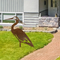 Rusted Metal Crane Garden Statue - Contemporary Freestanding Heron Bird Sculpture, Weather-Resistant Outdoor Yard Art for Lawn