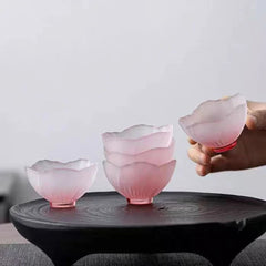 4 Pieces Glazed Glass Frosted Pink Sakura Japanese Teacup, Pink Glazed Lady, Household Flower Teacup, Tea Cup, Petal  Cup
