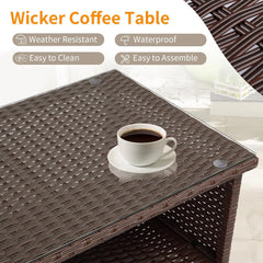 Outdoor Wicker CoffeeTable Patio Coffee Tables for Outside, Tempered Glass Top Wicker Table with Storage Coffee Table for Patio
