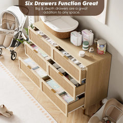 6-Drawer Rattan Dresser, Natural Hand-Woven Rattan & Wood Large Storage Dresser With Deep Drawers For Bedroom Living Room