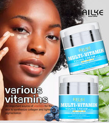 vitamin c brightening skin care set featuring AILKE Multi Vitamin creams on model applying skincare.