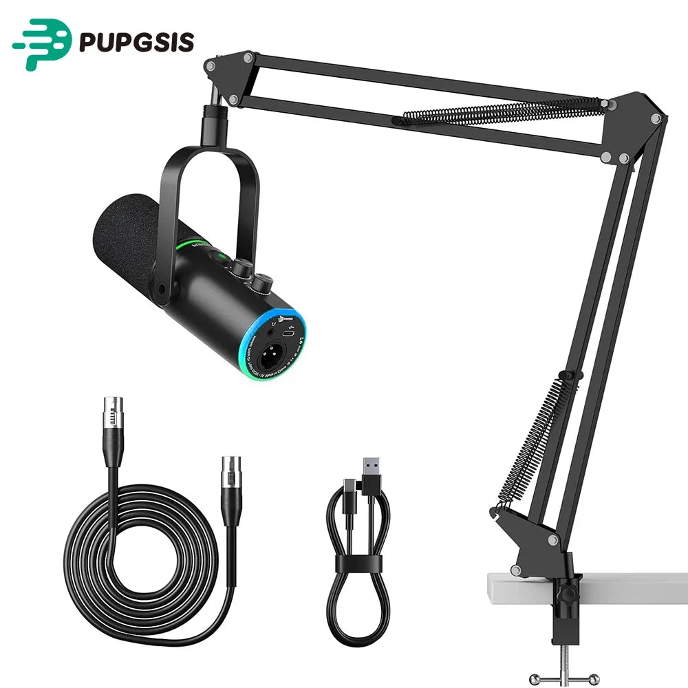 Pupgsis Dynamic Podcast Microphone for Studio, Cardioid XLR/USB Mic, AI Noise Cancellation, Mute Button, 3.5mm Headphone Jack for Monitoring, Volume Control, Microfono with Boom Arm