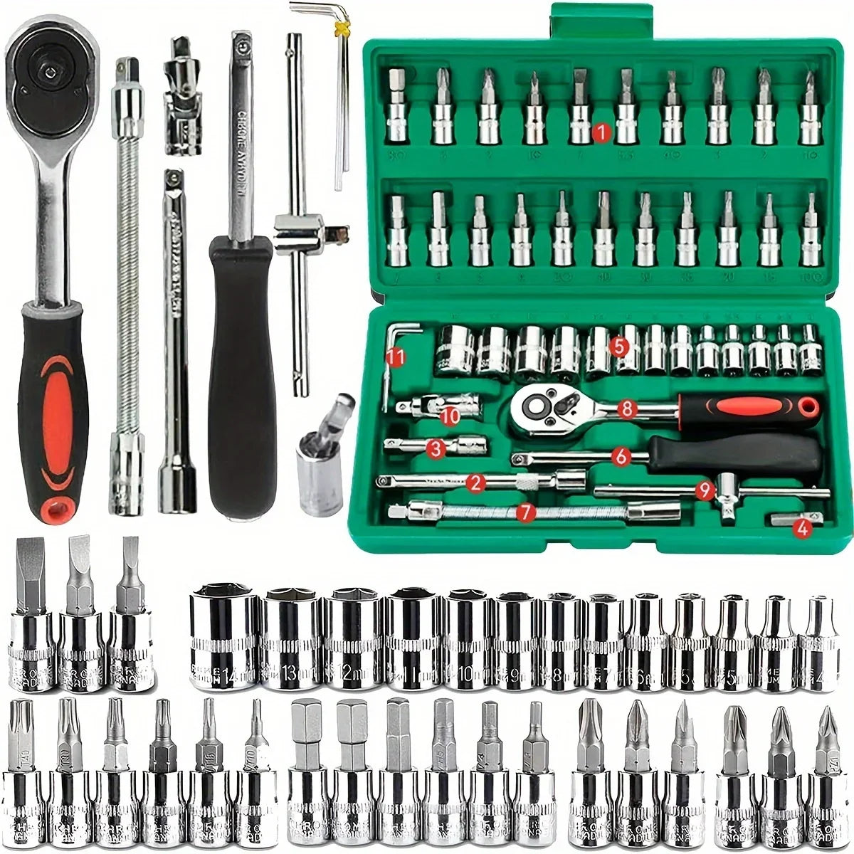 46Pcs Family Tools 1/4 Inch Drive Socket Set, Metric & SAE Hex Bit Sockets with Ratchet Wrench for Auto Repair & Household Tools