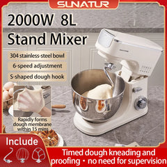 SUNATUR 8L Stand Mixer 2000W,Stainless Steel Bowl,6-Speed Dough Kneader&Egg Beater,Timed Fermentatio