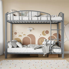 Metal Loft Bed Bunk Beds Twin Over Full Size with Heightened Safety Guardrail & Ladder, for School, Bedroom, Twin Size Grey