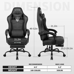 gaming chair with footrest, 400LBS capacity. Adjustable lumbar support, height-reclining. Heavy-duty PU leather, ergonomic