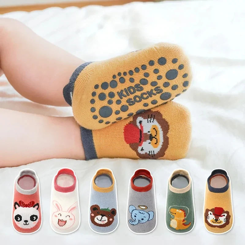 6 pairs of boys and girls' anti slip socks with cute cartoon animal patterns, comfortable and breathable baby floor socks