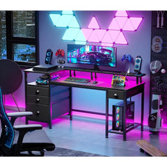 60" Black Computer Desk with 4 Drawers and Printer Space, Gaming Desk with LED Lights and USB Power Outlets, Home Office Desk