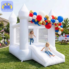 Toddlers Party 9x7x6ft Inflatable White Bounce House With Slide Oxford Bouncy Castle Include Blower (without tarp)