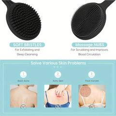 Cepillo de silicona para la espalda para la ducha, mango largo, limpieza profunda y exfoliación corporal, masaje, cerdas suaves de doble cara