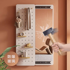 Solid wood perforated board dressing mirror invisible push-pull full body mirror storage wall hanging entrance dressing mirror