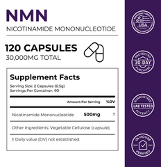 NMN capsules supplement facts label showing 500mg NMN per serving with dosage information for 500mg NMN capsules.