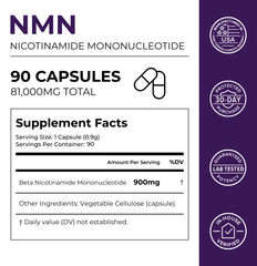 NMN Capsules 900mg supplement facts label with 90 capsules for energy metabolism and cellular health.