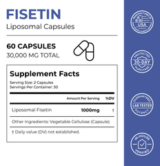 Liposomal Fisetin Capsules for healthy aging with supplement facts and serving information.