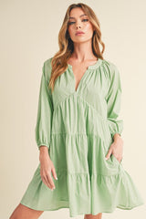 Notched Balloon Sleeve Tiered Mini Summer Dress For Women, A Chic & Trendy Statement and Comfortable Piece