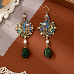 Portrait-pattern Pearl Enamel Gemstone Earrings