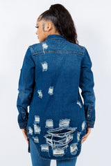 Veste longue à manches longues boutonnée American Bazi bleu foncé effet usé, veste boutonnée tendance avec finition usée pour femmes